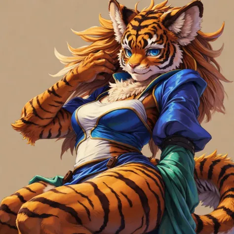 (masterpiece), (best quality),woman ((anthro)) , (tiger girl),1girl,solo,(sharp focus),((look at viewer)),adult female, (rogue o...