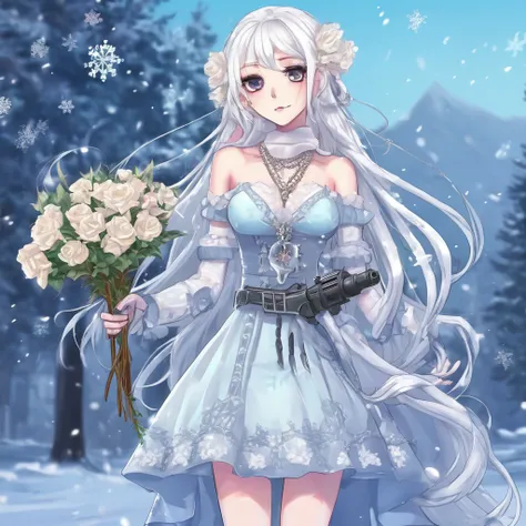 eah, ice, holding, crystalwinter, long hair, snowflakes, cross-laced footwear, white footwear, very long hair, gun, necklace, holding flower, 1girl, teeth, dress, eyelashes, upper body