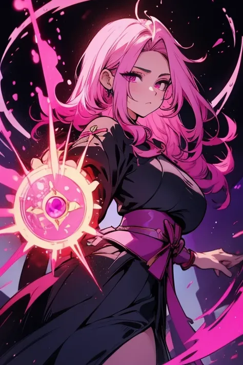 Perfect face. Perfect hands. A pink haired samurai with violet eyes and an hourglass figure in a samurai outfit is spinning her scythe in an old town