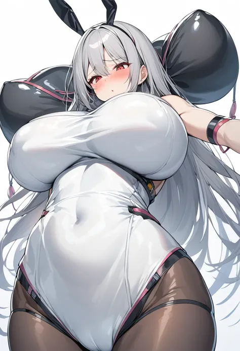 Japanese girl　Gray Hair　Red eyes　despise　look down　gigantic breast　Bunny Girl Outfit