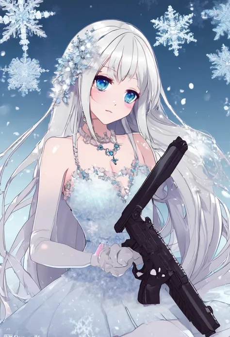 eah, ice, holding, crystalwinter, long hair, snowflakes, cross-laced footwear, white footwear, very long hair, gun, necklace, holding flower, 1girl, teeth, dress, eyelashes, upper body