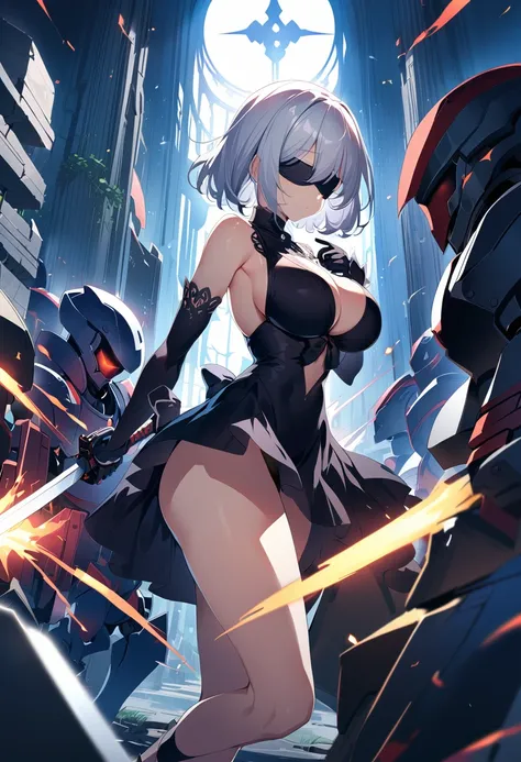 2b nier automata,masterpiece, 最high quality, high resolution,  black clothes 、black pantyhose、dark church at night、wear a minisk...