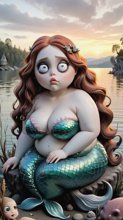 young beautiful chubby mermaid sitting at tim burton-inspired lakeside. lakeside is full of peculiar creatures with big eyes and...