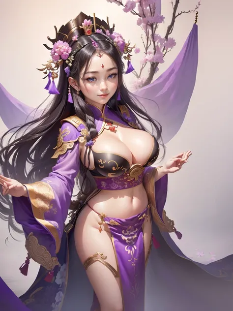 a woman in a purple honfu with flowers on her head, inspired by Ju Lian, inspired by Li Mei-shu, yun ling, inspired by Lan Ying, inspired by Wu Zuoren, inspired by Wu Bin, inspired by Pu Hua, ((a beautiful fantasy empress)), inspired by Qiu Ying, inspired ...