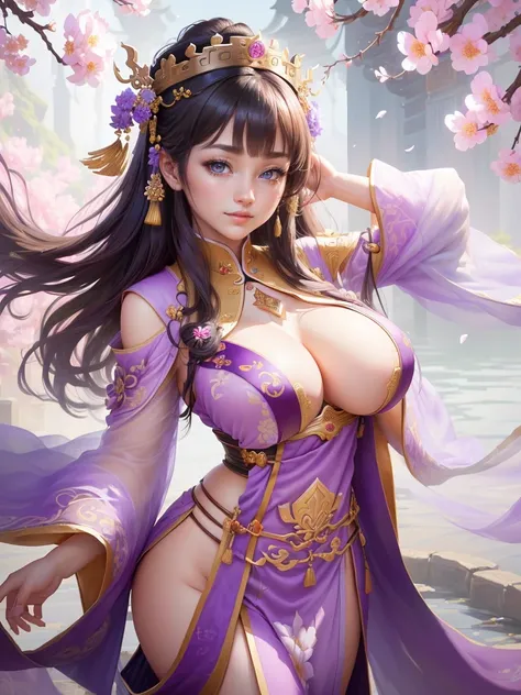 a woman in a purple honfu with flowers on her head, inspired by Ju Lian, inspired by Li Mei-shu, yun ling, inspired by Lan Ying, inspired by Wu Zuoren, inspired by Wu Bin, inspired by Pu Hua, ((a beautiful fantasy empress)), inspired by Qiu Ying, inspired ...