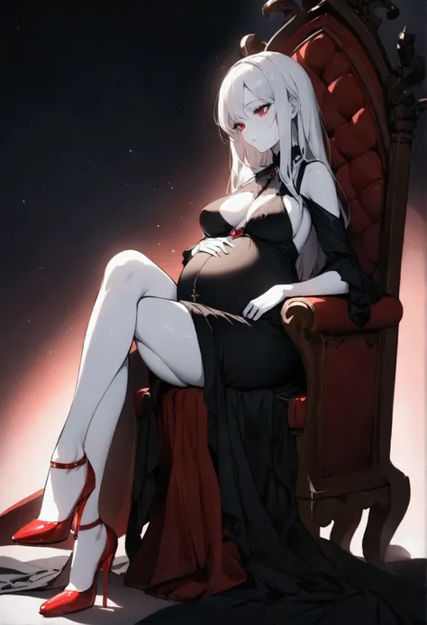 (master piece), (best quality), a vampire, vampire woman, with platinum hair, long hair, heavy and platinum hair, very white skin, skin as white as snow, red eyes, ruby ​​eyes.  [(pose: sitting on a throne, legs crossed, hands crossed on the knees,.(sittin...