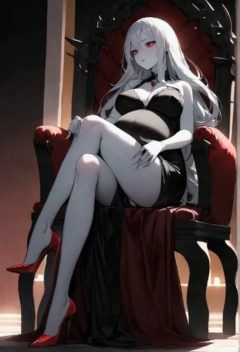 (master piece), (best quality), a vampire, vampire woman, with platinum hair, long hair, heavy and platinum hair, very white skin, skin as white as snow, red eyes, ruby ​​eyes.  [(pose: sitting on a throne, legs crossed, hands crossed on the knees,.(sittin...