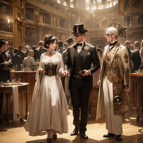 (Steam Punk) (A steam powered butler, styled after a dapper English man, many pistons and cogs, steam vents, complex optical lenses) tending guests at a formal dance, ball room
