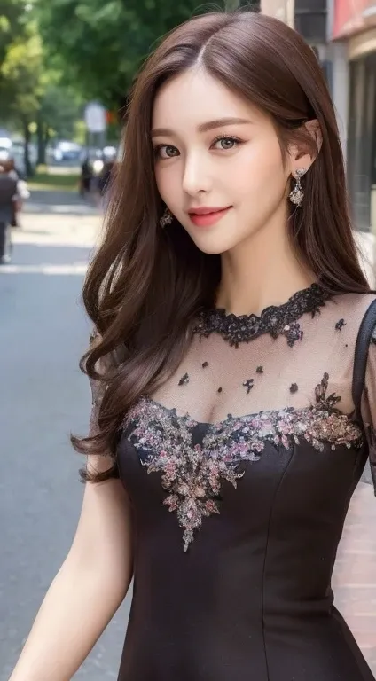 ((Highest quality, 8k, masterpiece :1.3)), 1 girl, smile, whole body, Slim face, Beautiful woman, (Dark brown hair), Full-length dress :1.1, Highly detailed face, Beautiful Eyes, double eyelid,  Blur the background, Slim face, city, outside, street,Materna...