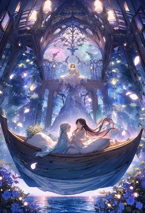 An adult brother and his sister nestled comfortably on the spacious deck of a majestic, magical wooden boat that seems to be a floating piece of art itself. The siblings are adorned in warm, enchanting garments that gently reflect the soft moonlight, which...