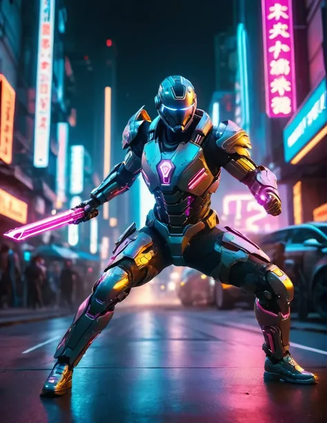 Ultra-realistic cyborg, wearing futuristic armor, wielding plasma swords, in dynamic action in a neon-lit cyberpunk cityscape, dramatic lighting, low-angle shot, with explosive special effects, dynamic movement, motion blur, cinematic, ultra-detailed