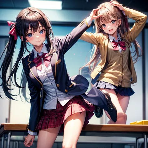 best quality，，smile，blazer，swimsuit，Superpowered girl，School，gravity user，classroom，Collective of girls，JK，A girl taking off her uniform，Sexy and cute，Uniform of the Future，Ribbon on uniform，Evolution of fashion，middle School girlultiple girls are depicted...