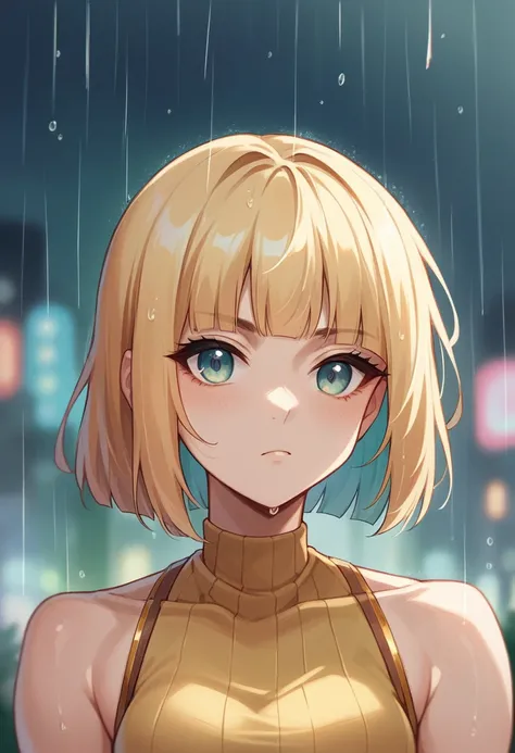 Moody, atmospheric portrait of a person with light skin and shoulder-length blonde hair featuring blunt bangs. The subject is wearing a sleeveless, glittery gold top and is positioned against a rain-streaked window, with colorful, blurred city lights in th...