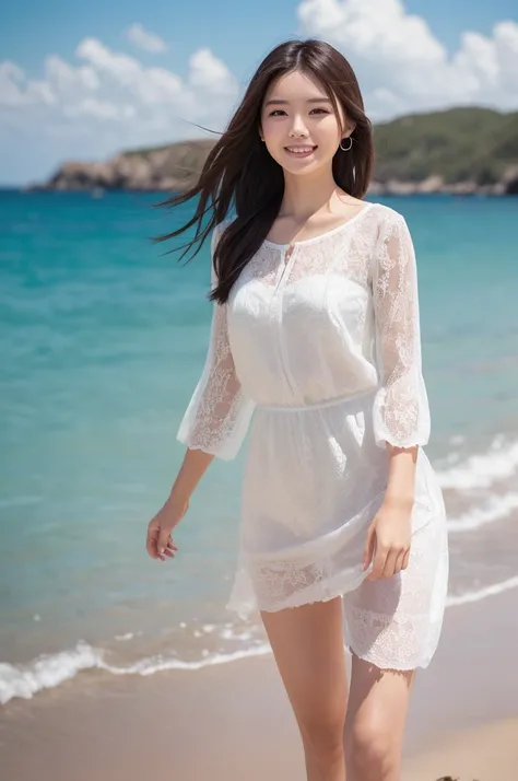 (8k, RAW photo, best quality, masterpiece:1.2), (realistic, photo-realistic:1.4), (extremely detailed 8k wallpaper), Japanese 20 age woman, she is wearing a white dress,The background is the sea,The wind blows my skirt up,she is smiling,ponytail