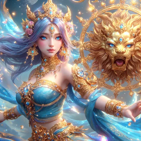 woman , Beautiful makeup ,blue eyes , white skin , pink mouth ,Dressed in gold, standing in front of a crescent moon., goddess of heaven, goddess of the moon, anime goddess, beautiful heavenly mage, lunar goddess, Moon Goddess, Golden Lotus Princess, Godde...