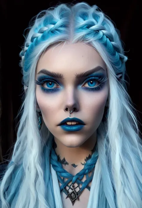 evil sorceress, piercing blue eyes, white hair, braided hair, casting a spell