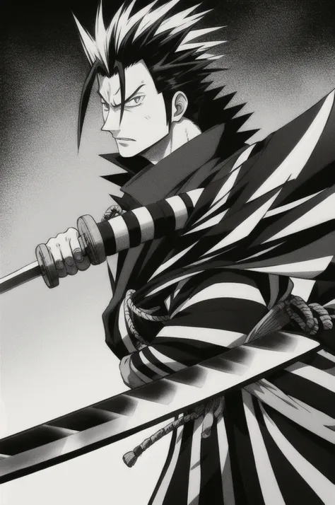 masterpiece, best quality, Kenpachi Zaraki, spiked hair, sword, japanese clothes, 1 male, 