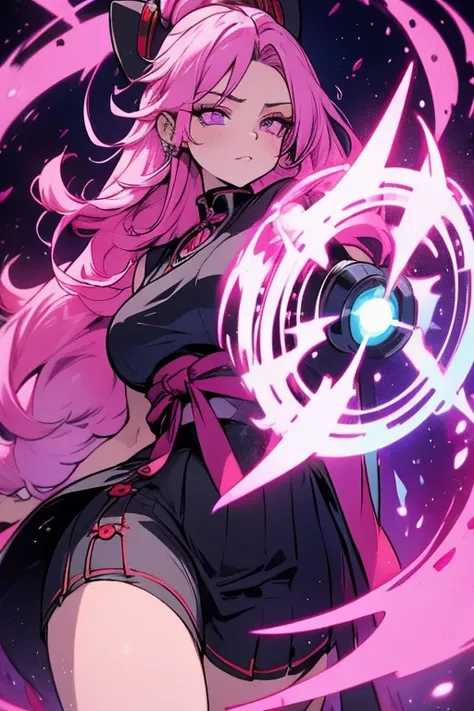 Perfect face. Perfect hands. A pink haired samurai with violet eyes and an hourglass figure in a samurai outfit is spinning her scythe in an old town