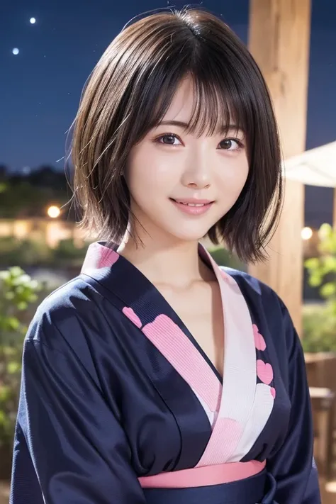 One Woman, (Beautiful woman, Delicate woman:1.3), (20-year-old:1.3), (Pink yukata, heart:1.3),（sit, relax:1.2), (night, Starry Sky:1.3),Clean look、Ample breasts、Cleavage、double eyelid、very detailed eyes and face, Beautiful and detailed nose, Beautiful eyes...