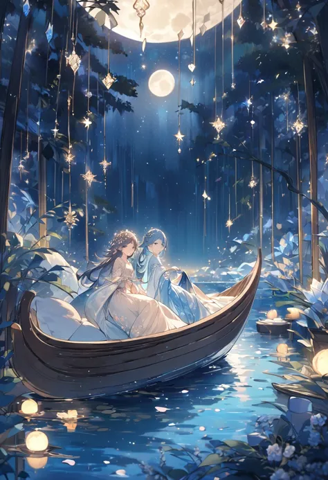 An adult brother and his sister nestled comfortably on the spacious deck of a majestic, magical wooden boat that seems to be a floating piece of art itself. The siblings are adorned in warm, enchanting garments that gently reflect the soft moonlight, which...