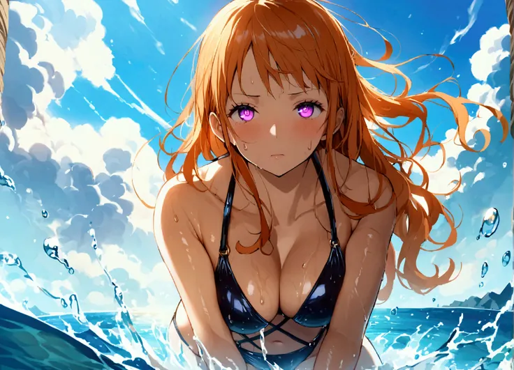 score_9、score_8_up、score_7_up、score_6_up、source_アニメ、2d、One girl、solo、From below、(First-person view)、Nami(one piece)、Nami、Spread your legs、Glowing Eyes、Close-up、Slingshot swimwear、Half an eye、Cameltoe、Large Breasts、Wet、Dripping、Thick thighs、Sweating、Express...