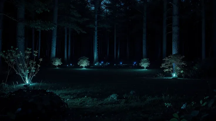 Bioluminescent forest at night, glowing flora and fauna