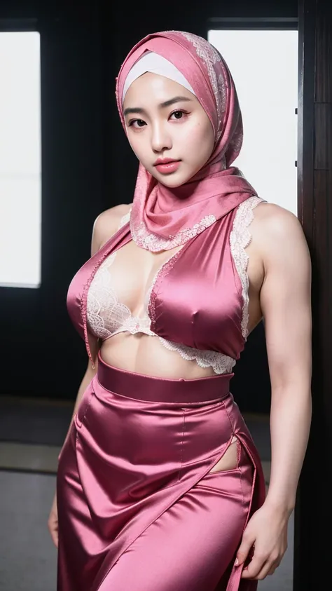 Beautiful Japanese Baby Face , 18 Years Old Woman , Wearing Pink Hijab Muslim Dress , ((Pink)) , She Have Beautiful Black Retina , Colossal Breasts , Big Chest , ((Sleeveless)) , Lace , Glow Makeup , ((Muscles)) , Whiten Skin , Sexy Look , Dramatic Photogr...