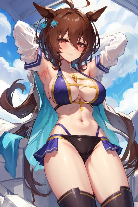 8K, high resolution, NSFW, from below, (gigantic breasts), smug face, huge pelves, inner flesh, agnes tachyon (umamusume), cross halter bikini, looking at viewer, 
, strong eyes, arms behind head, armpit, 