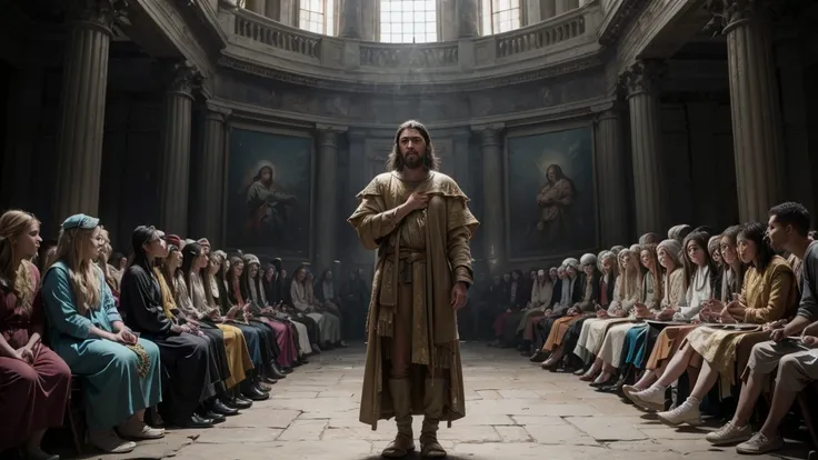 a prophetic painting in front of a group of people, bible illustration, biblical art style, biblical art, biblical image, epic biblical representation, biblical painting, Ancient Biblical, Philistine greed sermon, moisés, Directed by: Sidney Simon, Directe...