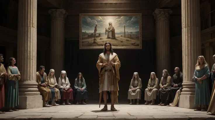 a prophetic painting in front of a group of people, bible illustration, biblical art style, biblical art, biblical image, epic biblical representation, biblical painting, Ancient Biblical, Philistine greed sermon, moisés, Directed by: Sidney Simon, Directe...