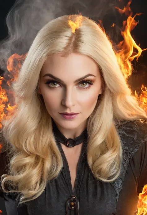 Masterpiece, best quality, (Beautiful face: 1.1), (realistic: 1.5) (Blonde witch, Marisha Becker, 30 year old woman, Fire Magic: 1.3), upper body