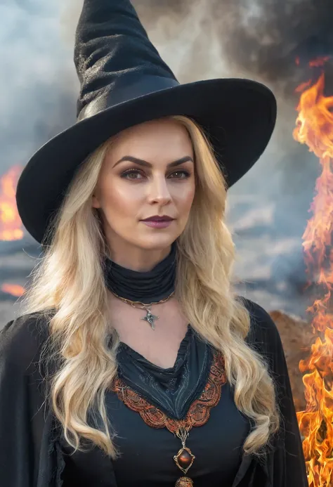 Masterpiece, best quality, (Beautiful face: 1.1), (realistic: 1.5) (Blonde witch, Marisha Becker, 30 year old woman, Fire Magic: 1.3), upper body