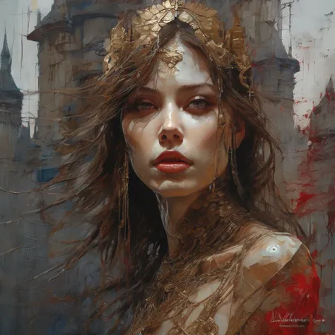 beautiful female vampire girl, fangs peeking out from mouth, red eyes, glamorous body, old castle on the cliff, acrylic art, ethereal background, abstract beauty,stand, approaching perfection, pure form, golden ratio, minimalistic, unfinished, concept art,...