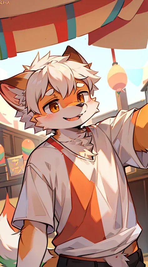 furry,fur,body fur,Solitary,male,Super happy,((festival)),Short sleeve,character focus,Face Focus,White shirt,White hair, orange fur,rest,No,No,No,No,No,No,No,No,No,No,No,No,No,No,No,No,No,No,No,No,No,No,No,No,No