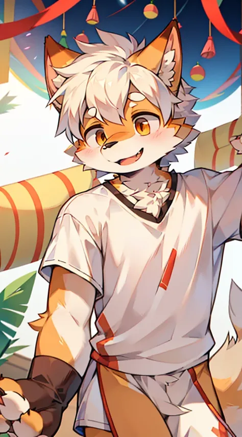 furry,fur,body fur,Solitary,male,Super happy,((festival)),Short sleeve,character focus,Face Focus,White shirt,White hair, orange fur,rest,No,No,No,No,No,No,No,No,No,No,No,No,No,No,No,No,No,No,No,No,No,No,No,No,No