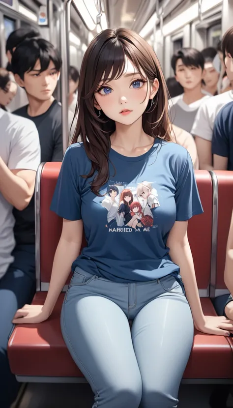 masterpiece, High resolution, perfect face, Korean beauty, 30 years old, beautiful face, in the crowded train, anime T-shirt, skinny pants, embarrassed look, look at the camera, (top quality eyes), detailed texture, look at me, Married woman, cool women, (...