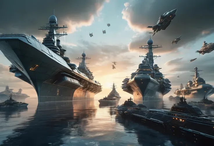 (high quality，masterpiece，extremely detailed，3d，8k:1.2) ，future city，surreal，several warships in the air