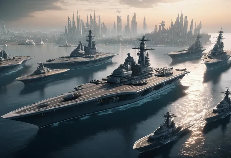 (high quality，masterpiece，extremely detailed，3d，8k:1.2) ，future city，surreal，several warships in the air