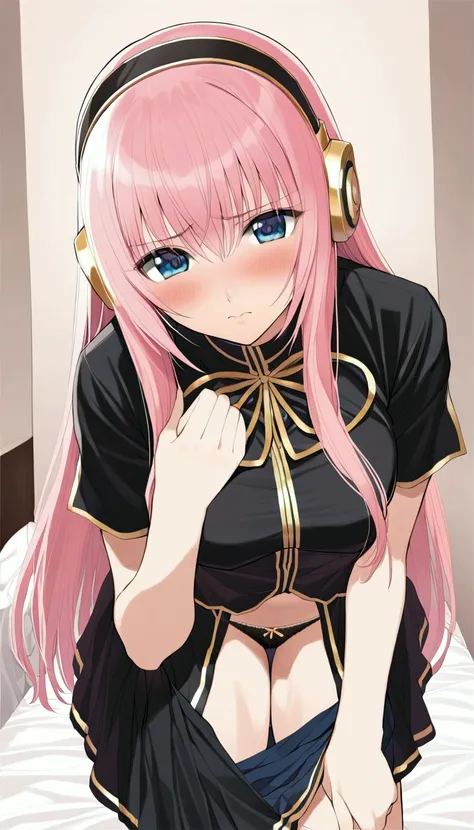 masterpiece,Beautiful adult woman ,Megurine Luka,Megurine Lukaの公式衣装,headphone,Black costume with gold decoration,Pink long hair,blue eyes,Embarrassed expression,blush,She lifts her black skirt to show her black panties,Bedroom