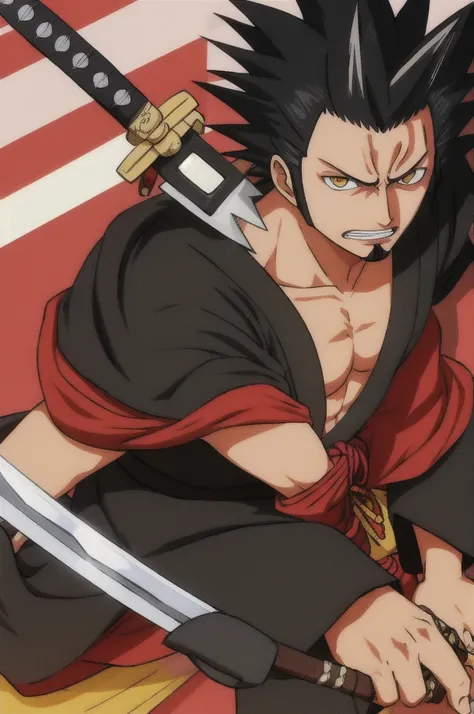 masterpiece, best quality, Kenpachi Zaraki, 1 male, spiked hair, black hair, sword, japanese clothes, 