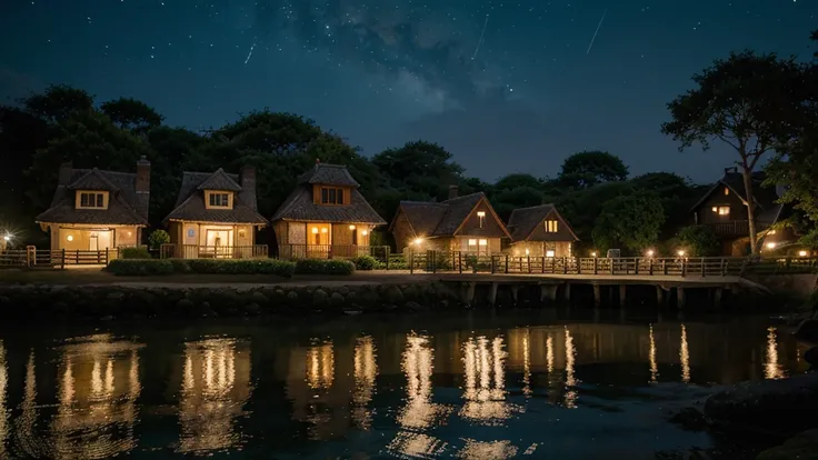 A picturesque village landscape set along a serene seashore, illuminated by a starry night sky. The stars twinkle brightly, creating a magical atmosphere reminiscent of Ghibli Studios enchanting style. The village houses have warm, glowing lights, and the ...