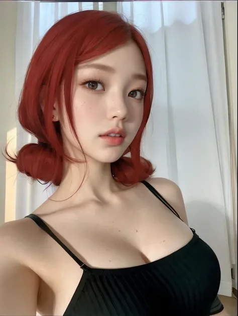 Jennie BlackPink with red hair and blue eyes posing for a photo, flowing russet hair, fada ellie bamber, long glowing red hair, long russet hair, red wavy hair, red hair and attractive features, jennie blackpink, she has long curly hair, russet hair, long ...