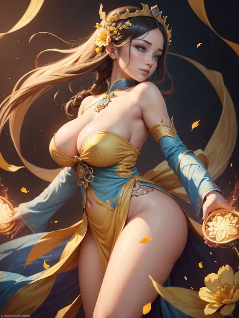 a woman in a yellow and light blue honfu with flowers on her head, a beautiful fantasy empress, inspired by Ju Lian, inspired by Li Mei-shu, yun ling, inspired by Lan Ying, inspired by Wu Zuoren, inspired by Wu Bin, inspired by Pu Hua, ((a beautiful fantas...