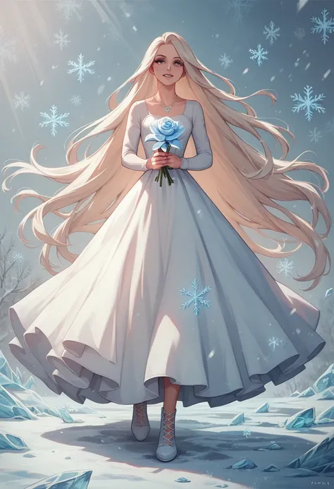 eah, ice, holding, crystalwinter, long hair, snowflakes, cross-laced footwear, white footwear, very long hair, gun, necklace, holding flower, 1girl, teeth, dress, eyelashes, upper body