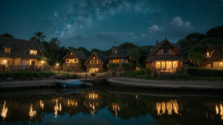 A picturesque village landscape set along a serene seashore, illuminated by a starry night sky. The stars twinkle brightly, creating a magical atmosphere reminiscent of Ghibli Studios enchanting style. The village houses have warm, glowing lights, and the ...