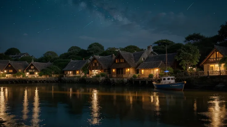 A picturesque village landscape set along a serene seashore, illuminated by a starry night sky. The stars twinkle brightly, creating a magical atmosphere reminiscent of Ghibli Studios enchanting style. The village houses have warm, glowing lights, and the ...