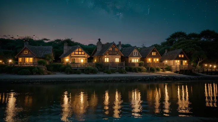 A picturesque village landscape set along a serene seashore, illuminated by a starry night sky. The stars twinkle brightly, creating a magical atmosphere reminiscent of Ghibli Studios enchanting style. The village houses have warm, glowing lights, and the ...