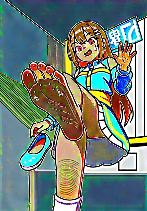 wallpaper，The background is in the room，Brown hair， Long hair，best quality, Very detailed, masterpiece, Extremely detailed, illustration, Sky,Foot Focus, giggle, barefoot,Stinky feet,Steam around feet,脚底Sweating很多，There are a lot of water drops on the sole...