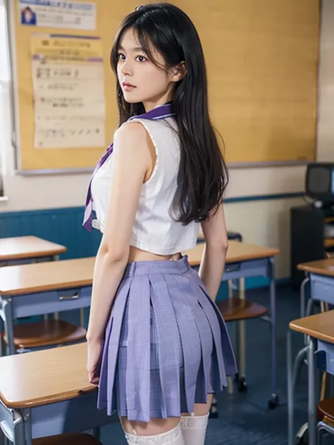 From the back、8K、Highest quality、(masterpiece:1.2)、Real、Super fine、Ultra-high resolution、1 person、Beautiful face、perfect body、((Black Bob))、Waistline、(Waist Slim:1.3)、Beautiful Skin、Skin Texture、Floating hair、(((highschool Uniform)))、classroom、Blushing、((f...