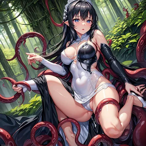 (masterpiece)、(Highest quality)、１People Girls、solo、software、Red Tentacles、Ivy、vine、White bra、White panties、black eye、Black-haired、The sunlight shines in、A vine is grabbing a girls limbs、Sensual pose、Deep in the forest、Wedding dress、Violated by tentacles、Th...